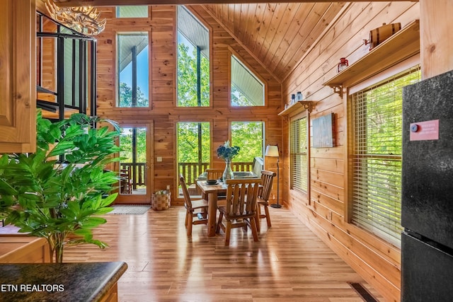 2011 Ridgecrest Loop Ln, Sevierville, TN 37876 - dining area with wooden walls, vaulted ceiling, a chandelier, and hardwood / wood-style flooring