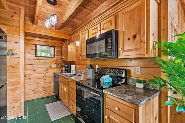 2011 Ridgecrest Loop Ln, Sevierville, TN 37876 - kitchen featuring black appliances, dark tile patterned floors, wooden walls, dark countertops, and a wooden ceiling with exposed beams