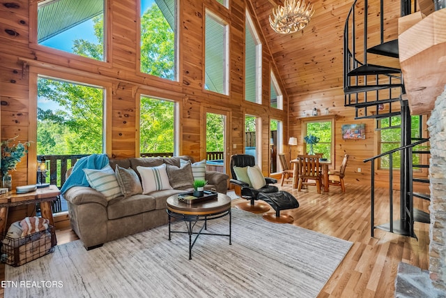 2011 Ridgecrest Loop Ln, Sevierville, TN 37876 - living area featuring high vaulted ceiling, wood finished floors, wooden walls, a chandelier, and wood ceiling
