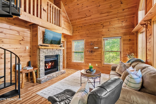 2011 Ridgecrest Loop Ln, Sevierville, TN 37876 - living room featuring a fireplace, wooden walls, wood ceiling, wood finished floors, and high vaulted ceiling