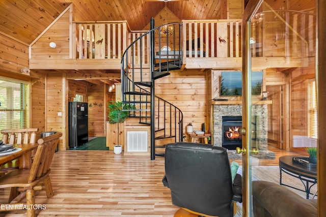 2011 Ridgecrest Loop Ln, Sevierville, TN 37876 - living area with wooden walls, wood ceiling, wood finished floors, stairway, and a fireplace
