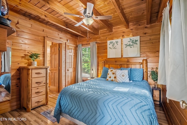2011 Ridgecrest Loop Ln, Sevierville, TN 37876 - bedroom with a wood ceiling with exposed beams, wood walls, and light wood-style flooring