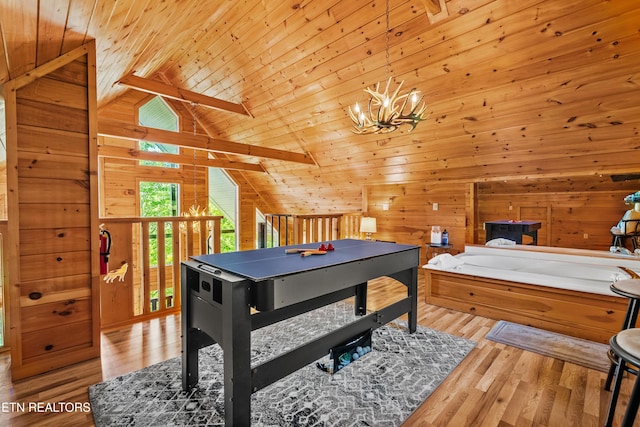 2011 Ridgecrest Loop Ln, Sevierville, TN 37876 - rec room featuring lofted ceiling, wood walls, wood ceiling, wood finished floors, and a chandelier