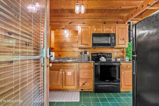 2011 Ridgecrest Loop Ln, Sevierville, TN 37876 - kitchen featuring black appliances, dark tile patterned floors, a wood ceiling with exposed beams, dark stone counters, and pendant lighting