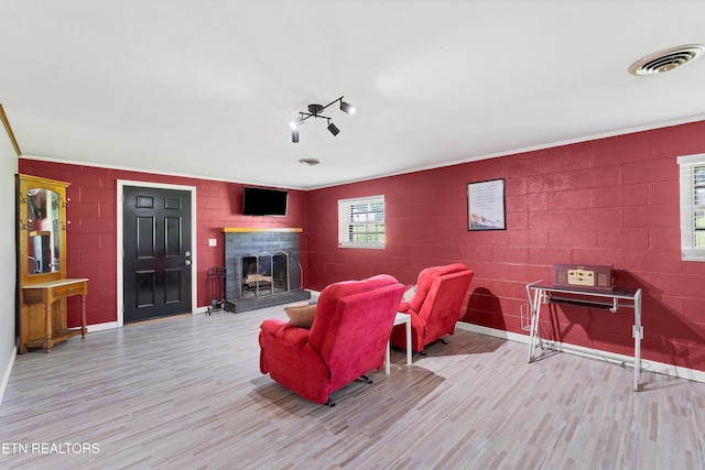 898 W Cunningham St, Alcoa, TN 37701 - cinema room with wood finished floors, concrete block wall, a fireplace with raised hearth, and ornamental molding