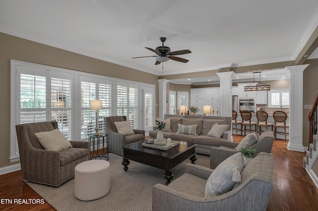 920 Andover View Ln, Knoxville, TN 37922 - living room with decorative columns, ceiling fan, wood finished floors, crown molding, and recessed lighting