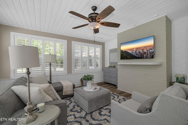 920 Andover View Ln, Knoxville, TN 37922 - living room featuring wood finished floors, plenty of natural light, a ceiling fan, wooden ceiling, and wainscoting