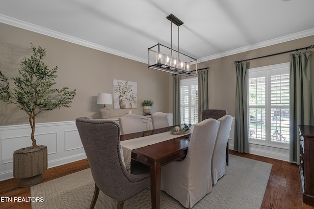 920 Andover View Ln, Knoxville, TN 37922 - dining area with ornamental molding, a chandelier, dark wood-style floors, and wainscoting