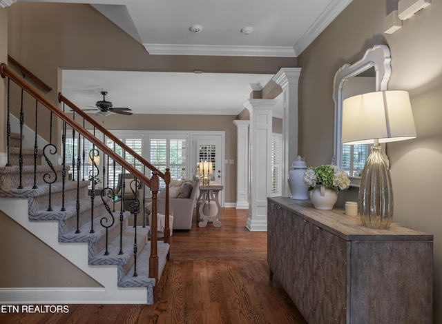 920 Andover View Ln, Knoxville, TN 37922 - staircase featuring ornate columns, wood finished floors, a ceiling fan, and ornamental molding
