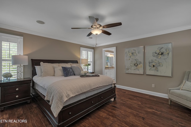 920 Andover View Ln, Knoxville, TN 37922 - bedroom featuring dark wood-style floors, crown molding, ceiling fan, and connected bathroom