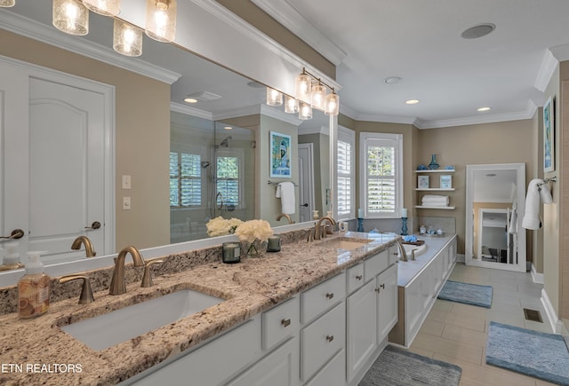 920 Andover View Ln, Knoxville, TN 37922 - bathroom with a shower stall, double vanity, a garden tub, ornamental molding, and recessed lighting