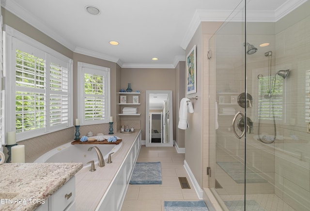 920 Andover View Ln, Knoxville, TN 37922 - full bathroom with a stall shower, a tub with jets, tile patterned flooring, recessed lighting, and ornamental molding