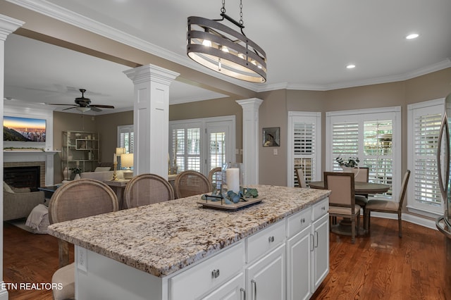 920 Andover View Ln, Knoxville, TN 37922 - kitchen featuring decorative columns, a ceiling fan, dark wood-style flooring, recessed lighting, and ornamental molding