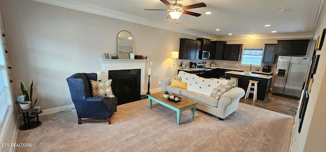 3038 Lazy River Dr, Knoxville, TN 37931 - living room with a ceiling fan, a fireplace with flush hearth, recessed lighting, and ornamental molding