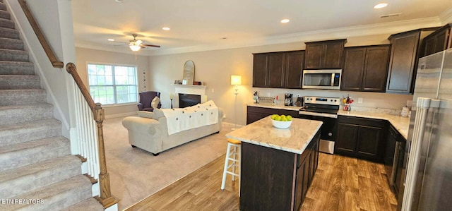 3038 Lazy River Dr, Knoxville, TN 37931 - kitchen featuring stainless steel appliances, a ceiling fan, light wood-style floors, a kitchen island, and open floor plan