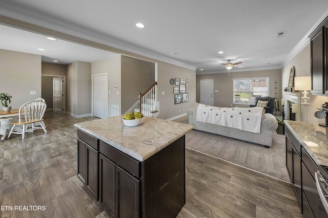 3038 Lazy River Dr, Knoxville, TN 37931 - kitchen with open floor plan, dark wood-type flooring, a ceiling fan, recessed lighting, and dark brown cabinets