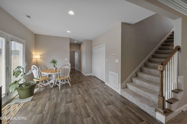 3038 Lazy River Dr, Knoxville, TN 37931 - dining room featuring wood finished floors, stairs, and recessed lighting