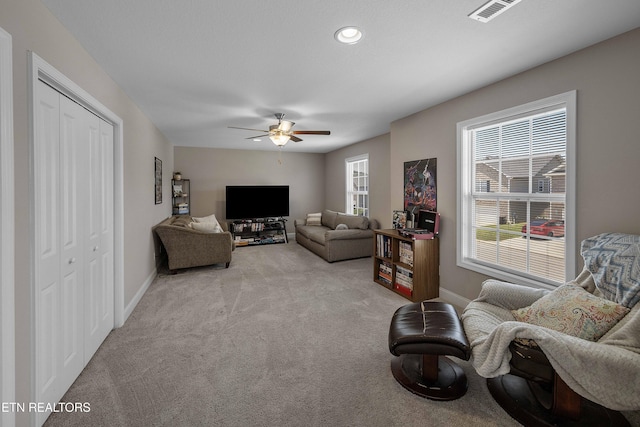 3038 Lazy River Dr, Knoxville, TN 37931 - living room with a ceiling fan, light carpet, and recessed lighting