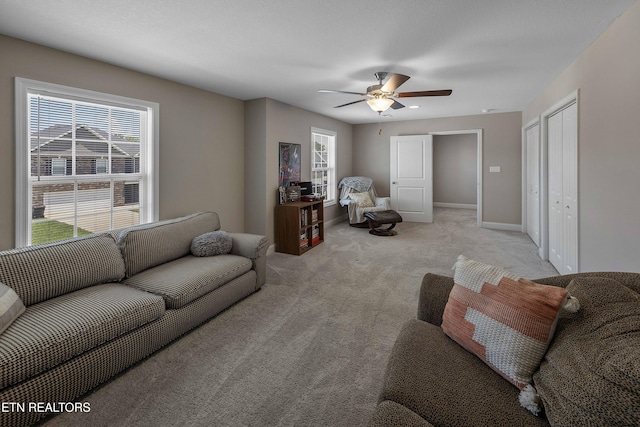 3038 Lazy River Dr, Knoxville, TN 37931 - living room featuring light carpet, healthy amount of natural light, and ceiling fan