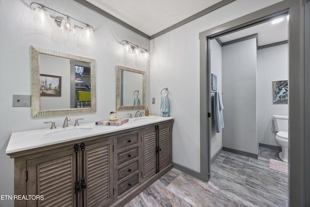 2991 Walden Flats Way, Sevierville, TN 37862 - full bathroom featuring double vanity, ornamental molding, and marble look tiles