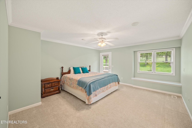 103 Wickham Ln, Fairfield Glade, TN 38558 - carpeted bedroom featuring crown molding, a textured ceiling, a ceiling fan, and access to outside