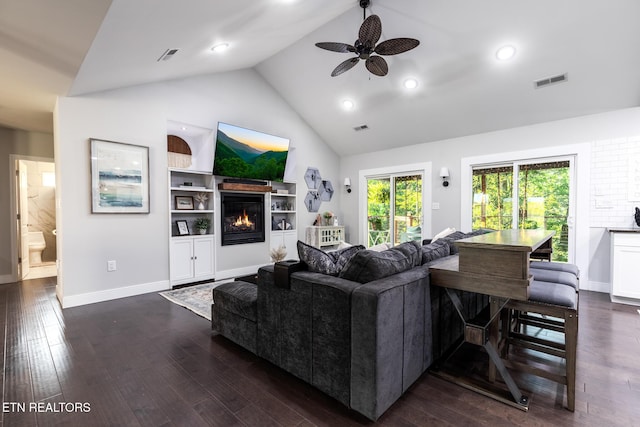 9401 Shirley Ann Rd, Kodak, TN 37764 - living area with a ceiling fan, a glass covered fireplace, dark wood-style floors, high vaulted ceiling, and recessed lighting