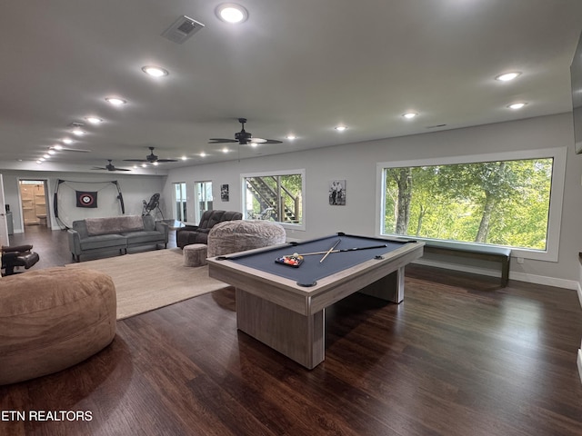 9401 Shirley Ann Rd, Kodak, TN 37764 - playroom featuring dark wood-type flooring, recessed lighting, billiards table, and a ceiling fan