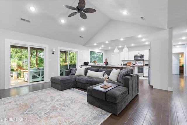 9401 Shirley Ann Rd, Kodak, TN 37764 - living area featuring a ceiling fan, dark wood-type flooring, high vaulted ceiling, and recessed lighting