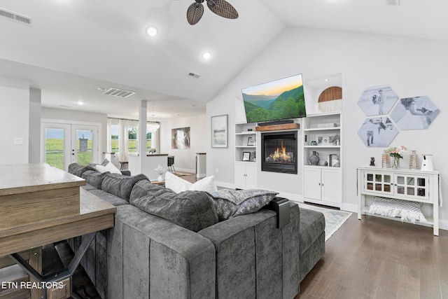 9401 Shirley Ann Rd, Kodak, TN 37764 - living room featuring ceiling fan, dark wood-style floors, high vaulted ceiling, a glass covered fireplace, and recessed lighting
