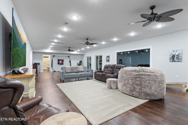 9401 Shirley Ann Rd, Kodak, TN 37764 - living area featuring a ceiling fan, recessed lighting, and dark wood finished floors