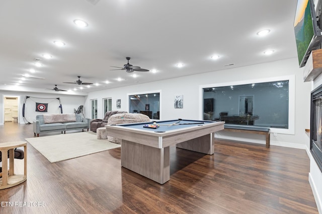 9401 Shirley Ann Rd, Kodak, TN 37764 - game room featuring a glass covered fireplace, recessed lighting, dark wood-type flooring, billiards table, and a ceiling fan