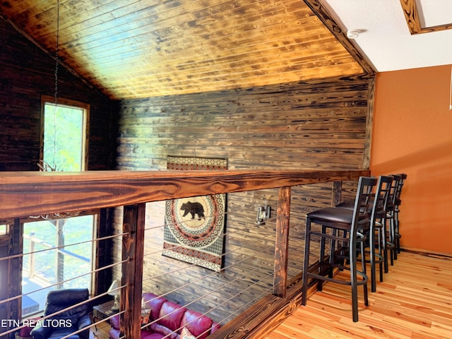 1659 Cherohala Skwy, Tellico Plains, TN 37385 - stairs featuring wood finished floors, lofted ceiling, wood ceiling, and wooden walls