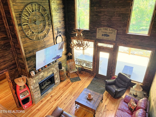 1659 Cherohala Skwy, Tellico Plains, TN 37385 - living room with hardwood / wood-style flooring, a fireplace, and wooden walls