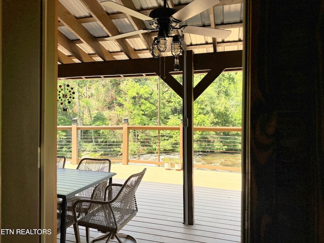 1659 Cherohala Skwy, Tellico Plains, TN 37385 - wooden terrace featuring ceiling fan and outdoor dining space