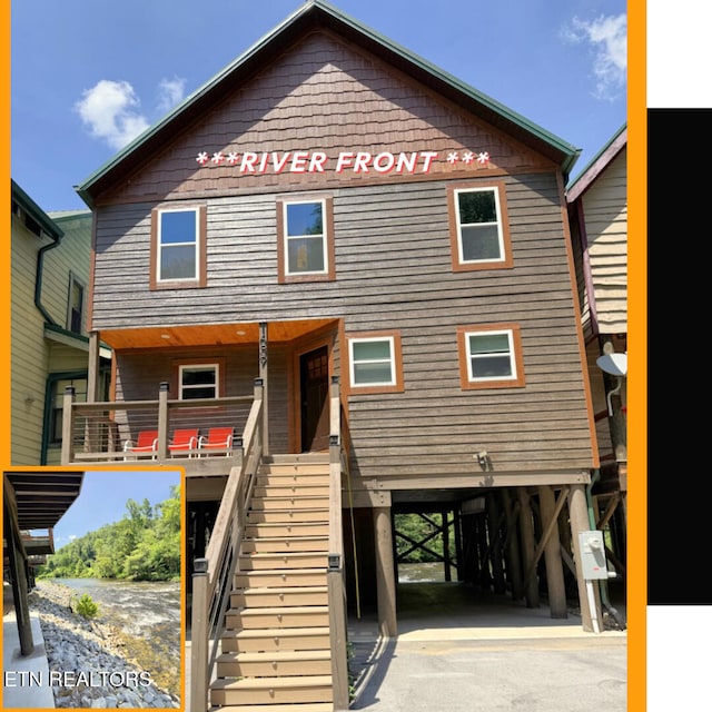 1659 Cherohala Skwy, Tellico Plains, TN 37385 - coastal inspired home with a carport, stairway, and a porch