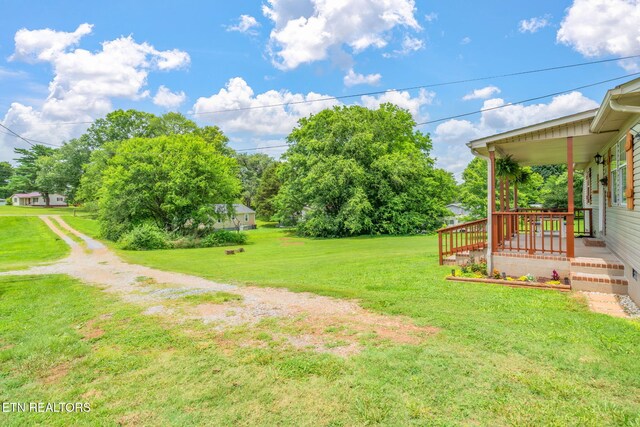 555 N Trigonia Rd, Greenback, TN 37742 - view of green lawn featuring covered porch and view of wooded area
