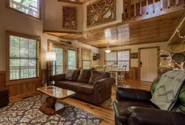 315 Greenwood Way, Pigeon Forge, TN 37863 - living room featuring wood finished floors, a wainscoted wall, healthy amount of natural light, a towering ceiling, and wood ceiling