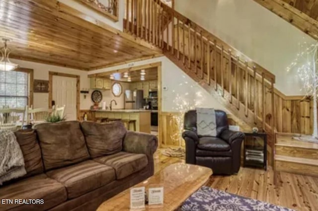 315 Greenwood Way, Pigeon Forge, TN 37863 - living area featuring stairs, wood finished floors, and wooden ceiling