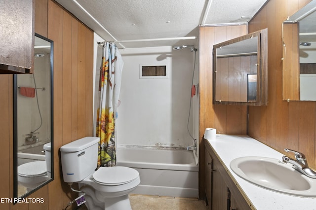 807 E E Chestnut St, Lafollette, TN 37766 - full bathroom with wooden walls, a textured ceiling, shower / bath combo with shower curtain, and vanity