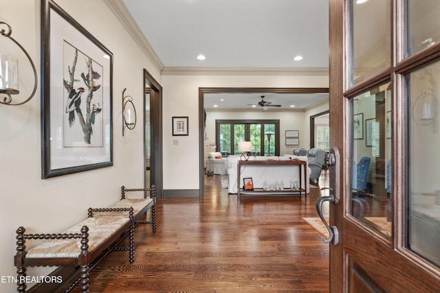 12209 Preston Landing Way, Knoxville, TN 37922 - foyer entrance featuring crown molding, dark wood-style flooring, ceiling fan, and recessed lighting