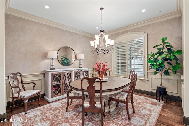 12209 Preston Landing Way, Knoxville, TN 37922 - dining space with wood finished floors, a chandelier, ornamental molding, recessed lighting, and wainscoting