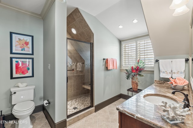 12209 Preston Landing Way, Knoxville, TN 37922 - bathroom featuring vanity, tile patterned flooring, vaulted ceiling, a stall shower, and ornamental molding