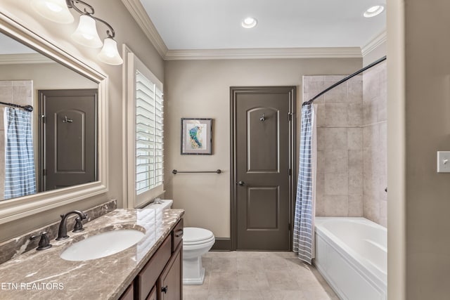12209 Preston Landing Way, Knoxville, TN 37922 - bathroom with vanity, ornamental molding, shower / bathtub combination with curtain, and recessed lighting