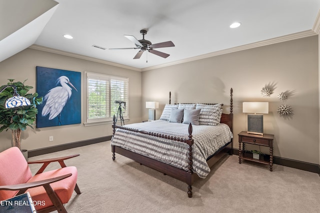 12209 Preston Landing Way, Knoxville, TN 37922 - bedroom with light carpet, recessed lighting, ornamental molding, and a ceiling fan