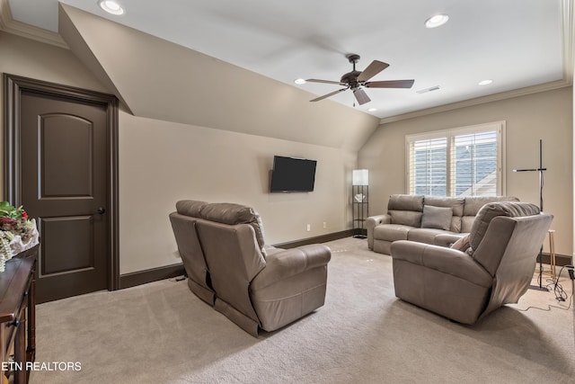 12209 Preston Landing Way, Knoxville, TN 37922 - living area featuring carpet, recessed lighting, ceiling fan, ornamental molding, and vaulted ceiling