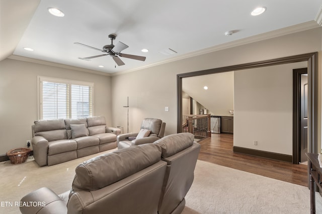 12209 Preston Landing Way, Knoxville, TN 37922 - living area with a ceiling fan, recessed lighting, carpet flooring, crown molding, and wood finished floors