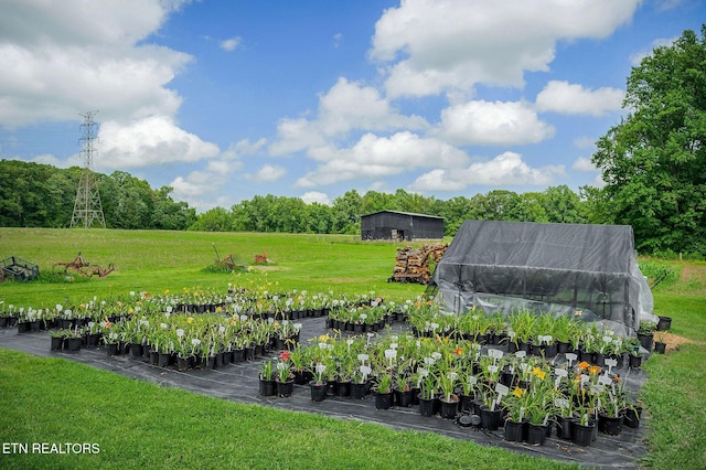 1790 Coon Hunt Rd, Baxter, TN 38544 - view of green lawn featuring a garden, a greenhouse, view of wooded area, and an outbuilding