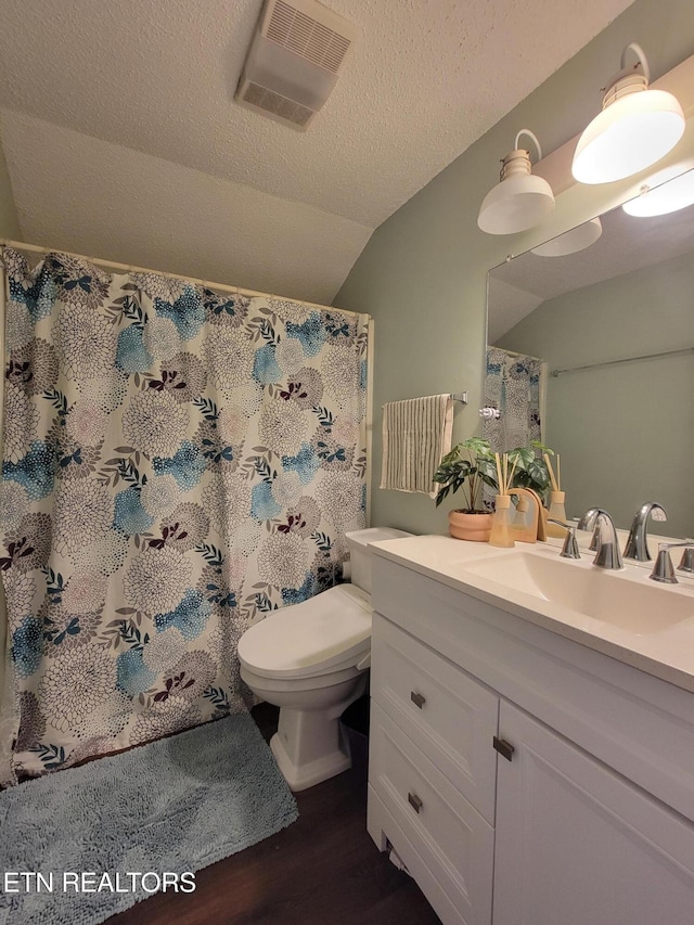 237 Camelot Ct, Knoxville, TN 37922 - bathroom featuring vanity, lofted ceiling, wood finished floors, a textured ceiling, and curtained shower