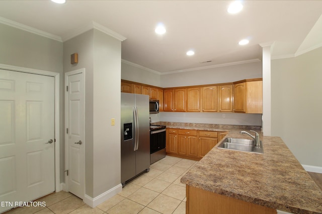 122 Dayflower Way, Maynardville, TN 37807 - kitchen with appliances with stainless steel finishes, light tile patterned flooring, a peninsula, ornamental molding, and recessed lighting