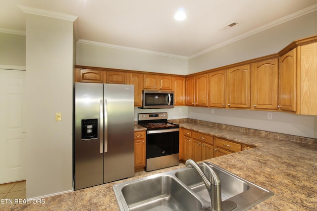 122 Dayflower Way, Maynardville, TN 37807 - kitchen with stainless steel appliances, ornamental molding, brown cabinets, and light tile patterned floors